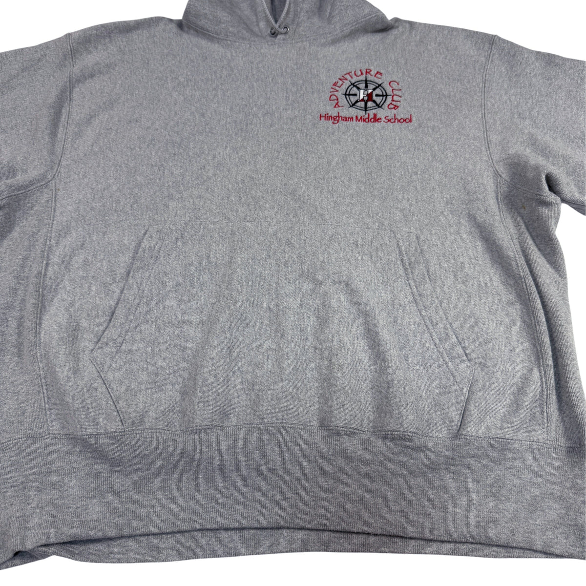 00's Champion プレミアムリバースウィーブ Hingham ADVENTURE CLUB グレー パーカー L 正面 平置き