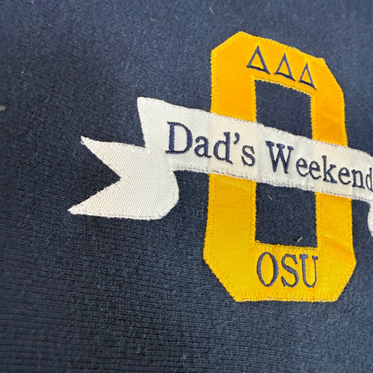 90's Champion リバースウィーブ Dad's Weekend OSU ネイビー スウェット XL ワッペンの刺繍 接写