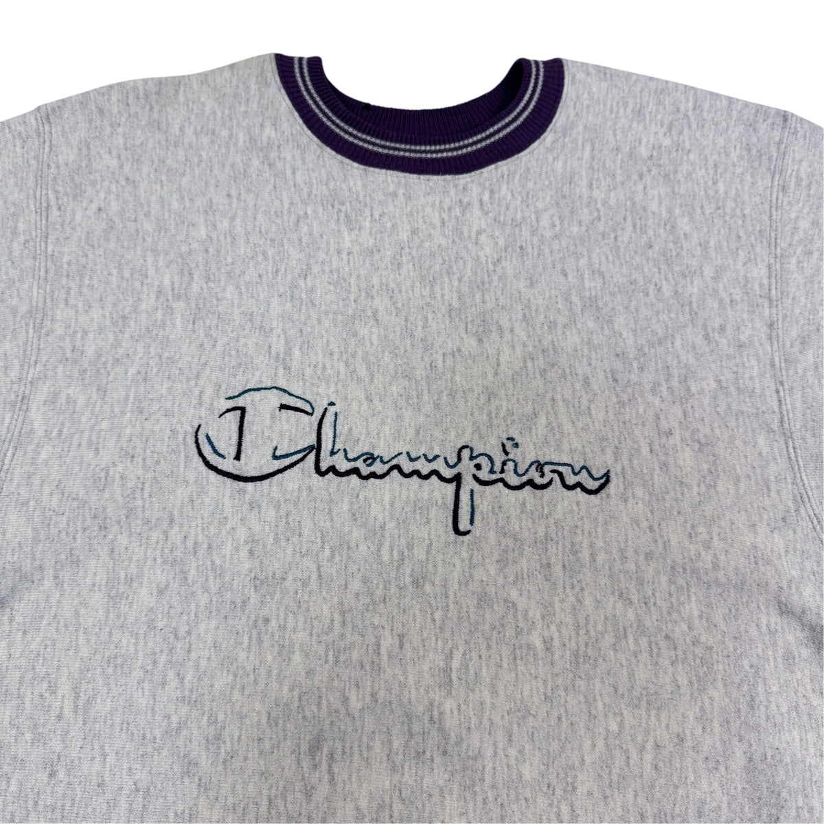 胸の Champion スクリプトロゴ刺繍 上半身