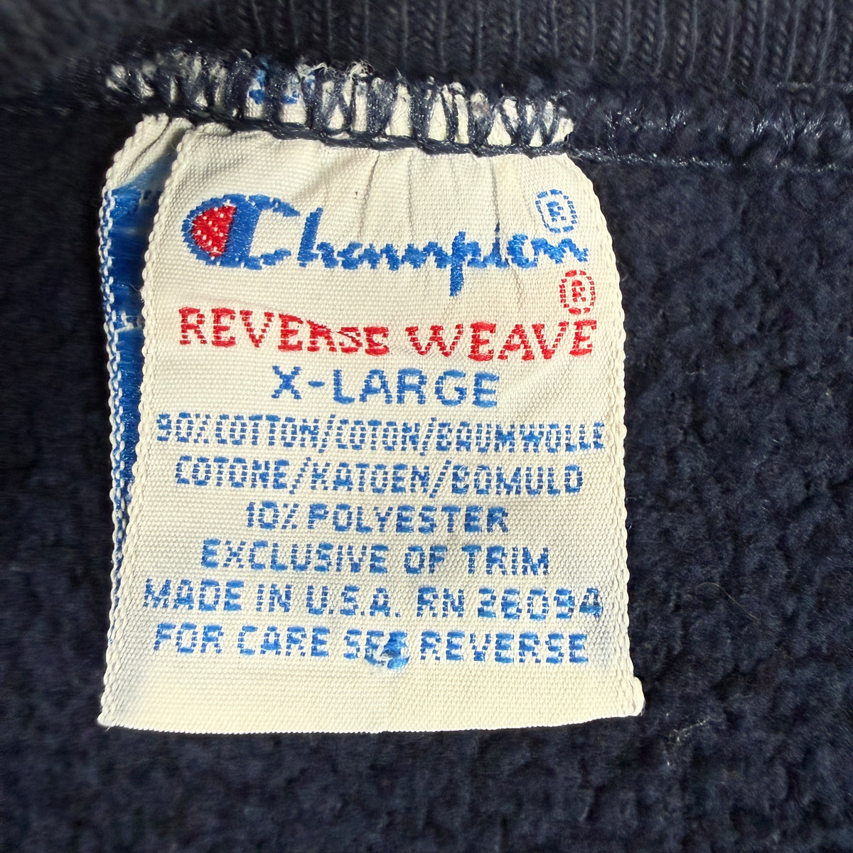 Champion REVERSE WEAVE 刺繍タグ X-LARGE コットン90% ポリエステル10% MADE IN U.S.A. RN 26094