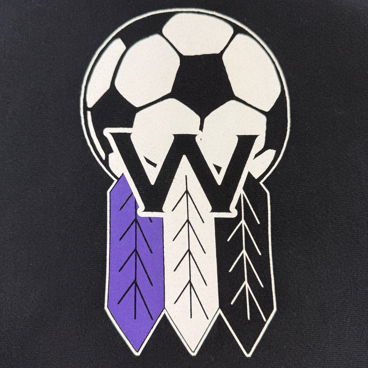 胸のサッカーボールとW、3本の羽根のプリント 寄り