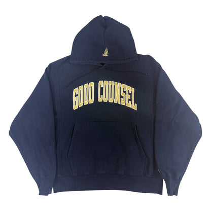 00年代 Champion プレミアムリバースウィーブ GOOD COUNSEL ネイビー パーカー M 正面全体