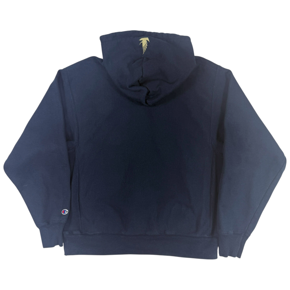 Champion プレミアムリバースウィーブ GOOD COUNSEL ネイビー パーカー 背面全体
