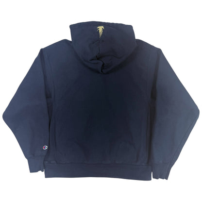 Champion プレミアムリバースウィーブ GOOD COUNSEL ネイビー パーカー 背面全体