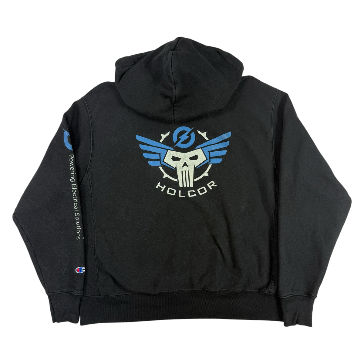 Champion リバースウィーブ HOLCOR ブラック パーカー L 背面全体（翼のドクロのプリント）