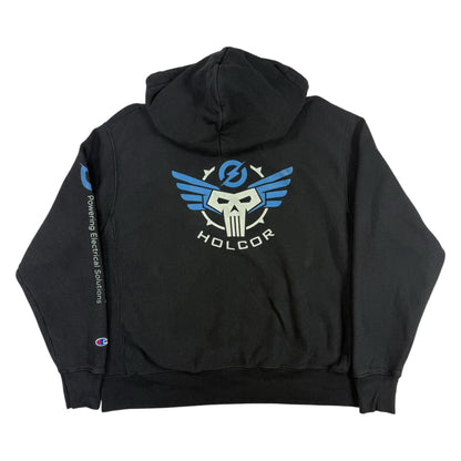 Champion リバースウィーブ HOLCOR ブラック パーカー L 背面全体（翼のドクロのプリント）