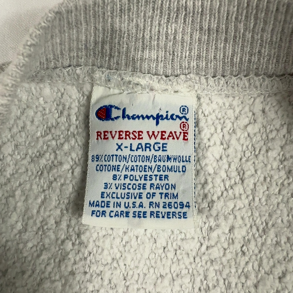Champion REVERSE WEAVE 刺繍タグ X-LARGE コットン89% ポリエステル8% レーヨン3% MADE IN U.S.A. RN 26094