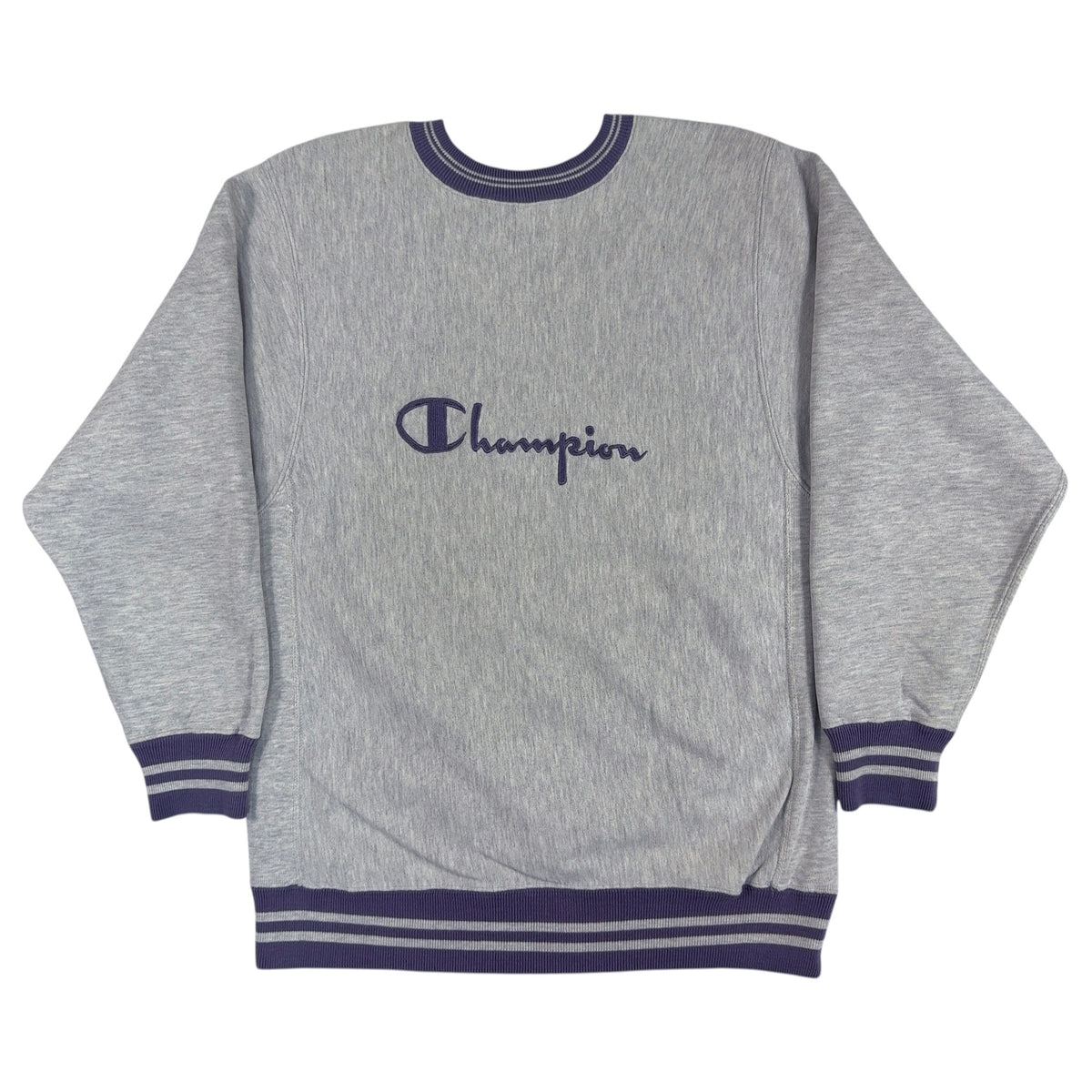 90's Champion リバースウィーブ スクリプトロゴ刺繍 ラインリブ グレー スウェット L 正面