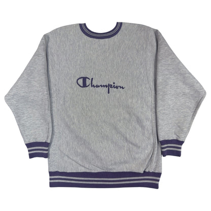 90's Champion リバースウィーブ スクリプトロゴ刺繍 ラインリブ グレー スウェット L 正面