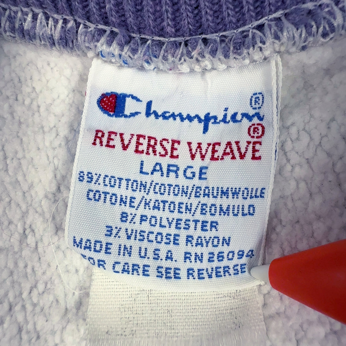 Champion REVERSE WEAVE 刺繍タグ LARGE コットン89% ポリエステル8% レーヨン3% MADE IN U.S.A. RN 26094