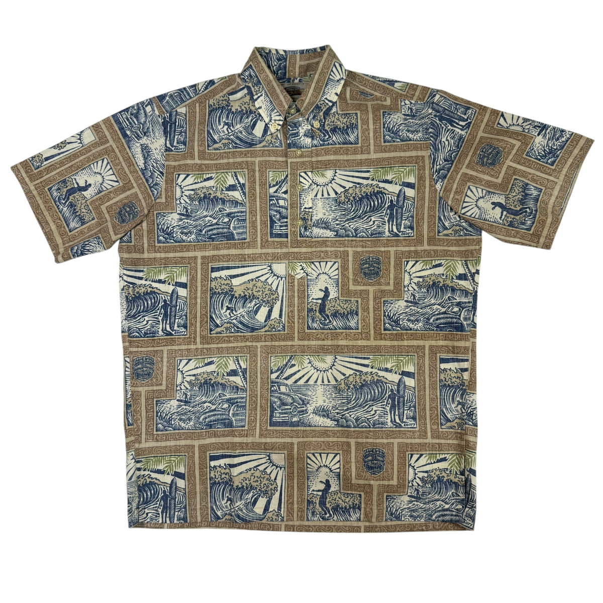 Reyn Spooner ART OF EDDY Y 波・サーフ総柄 アロハシャツ 正面全体