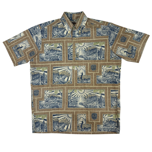 Reyn Spooner ART OF EDDY Y 波・サーフ総柄 アロハシャツ 正面全体