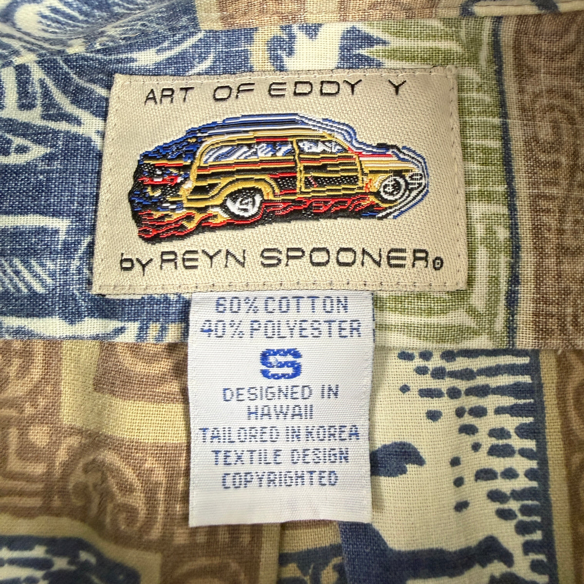 同アロハシャツ ブランドタグ ART OF EDDY Y by REYN SPOONER 素材サイズS表記