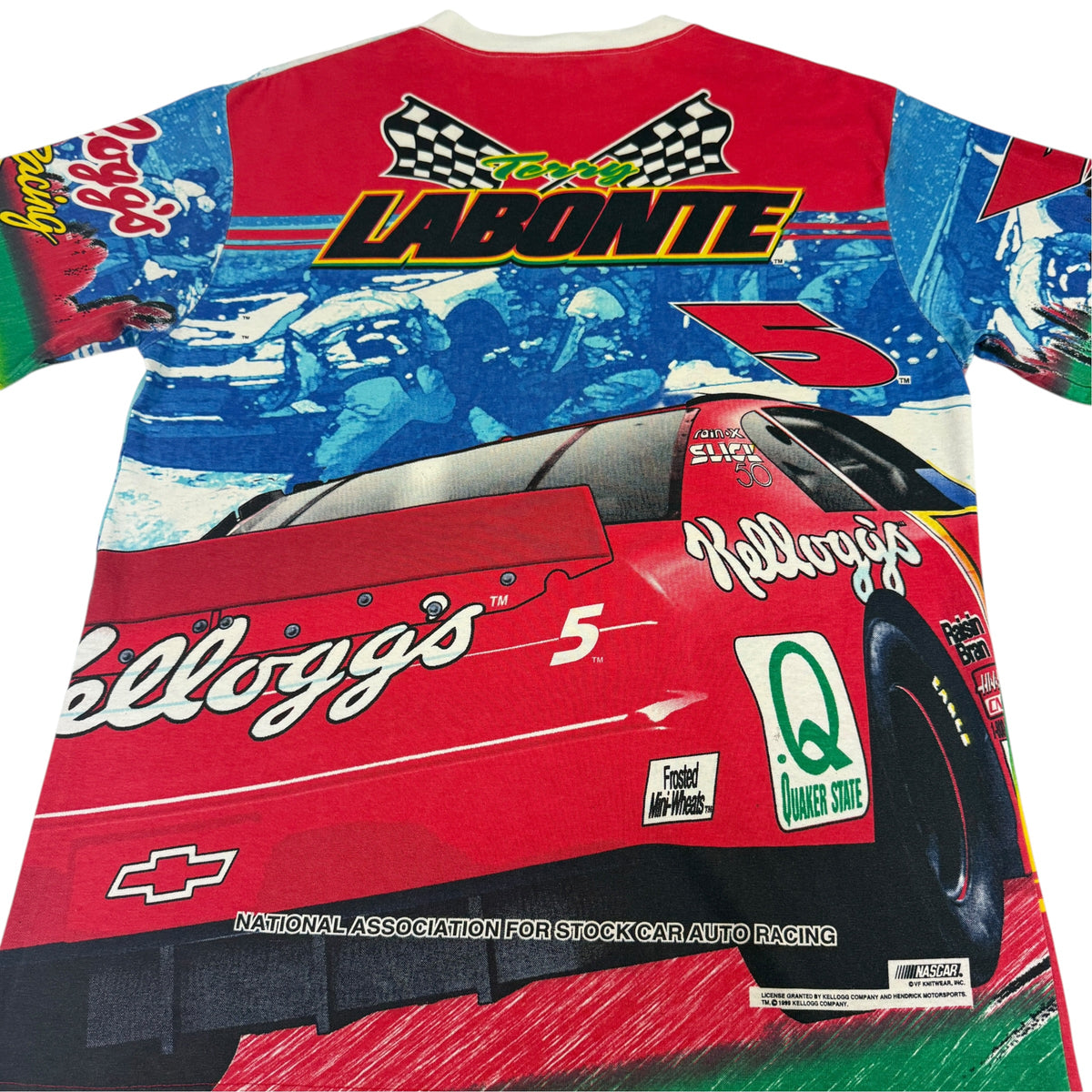 90's NASCAR Terry Labonte #5 Kellogg's Racing 総柄Tシャツ 背面プリント寄りとライセンス表記