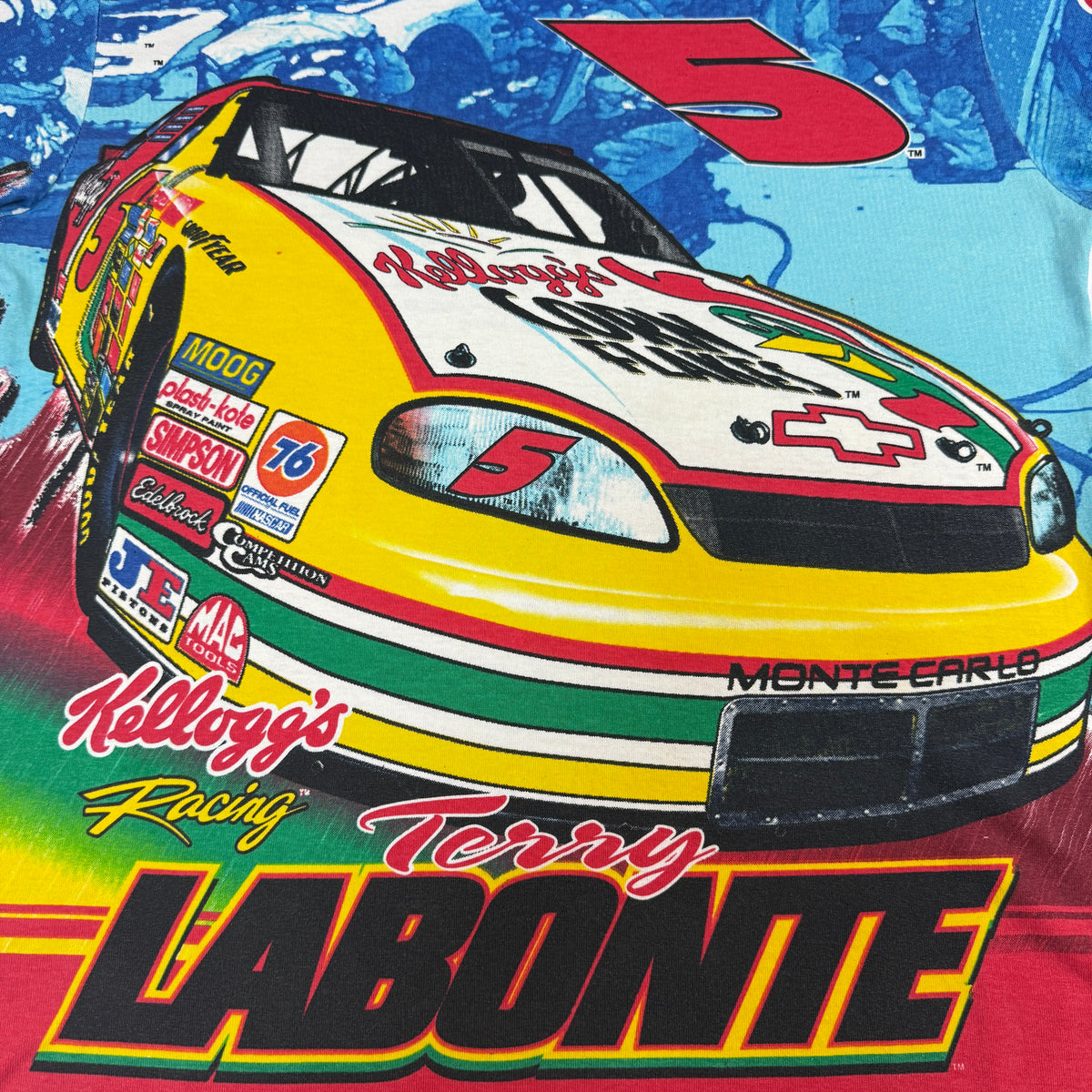 90's NASCAR Terry Labonte #5 Kellogg's Racing 総柄Tシャツ 正面プリント寄り