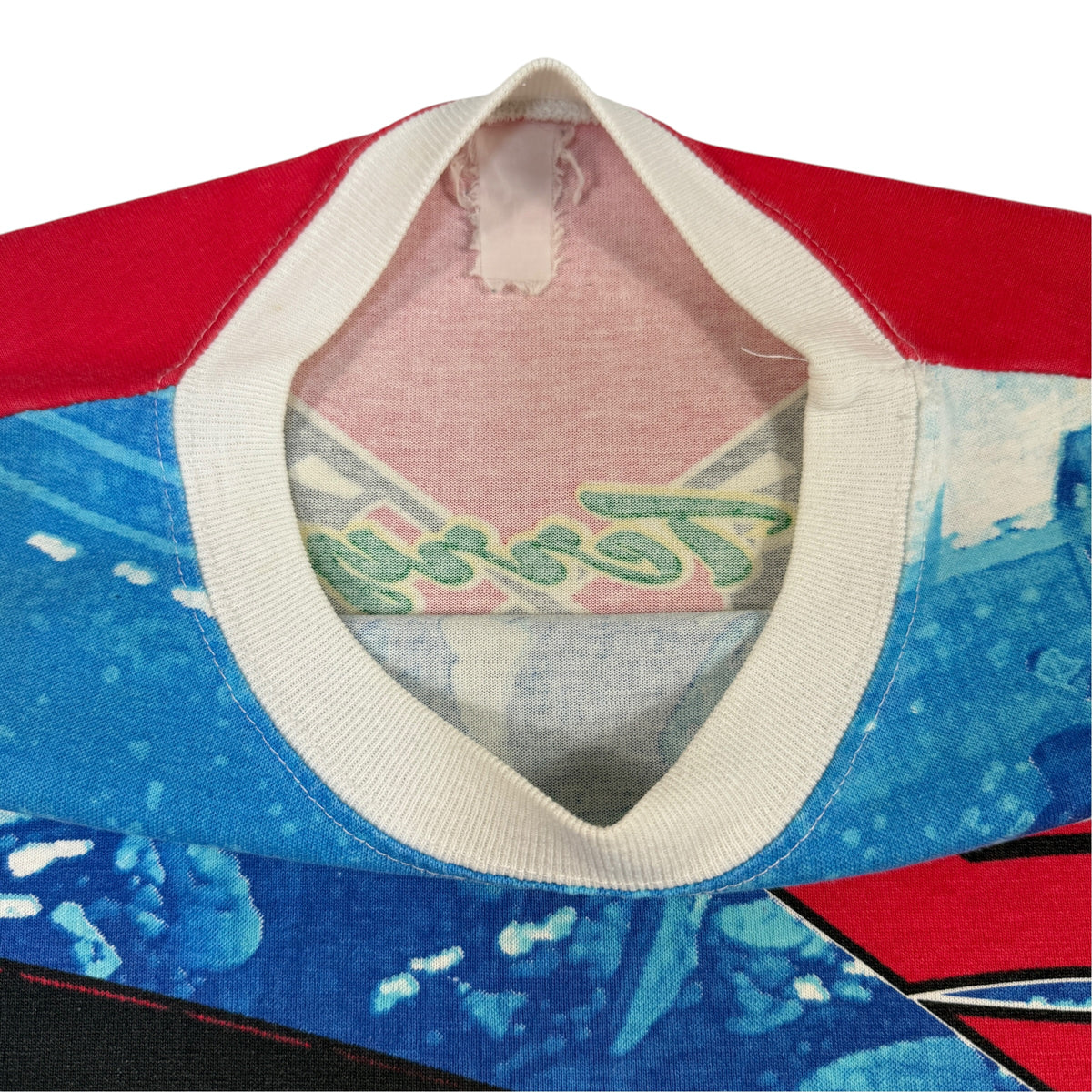 90's NASCAR Terry Labonte #5 Kellogg's Racing 総柄Tシャツ 首元内側（裏地の色移り）