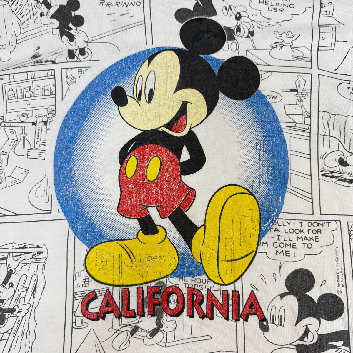 Vintage Disney ミッキーマウス コミック総柄Tシャツ ミッキーとCALIFORNIAプリント寄り