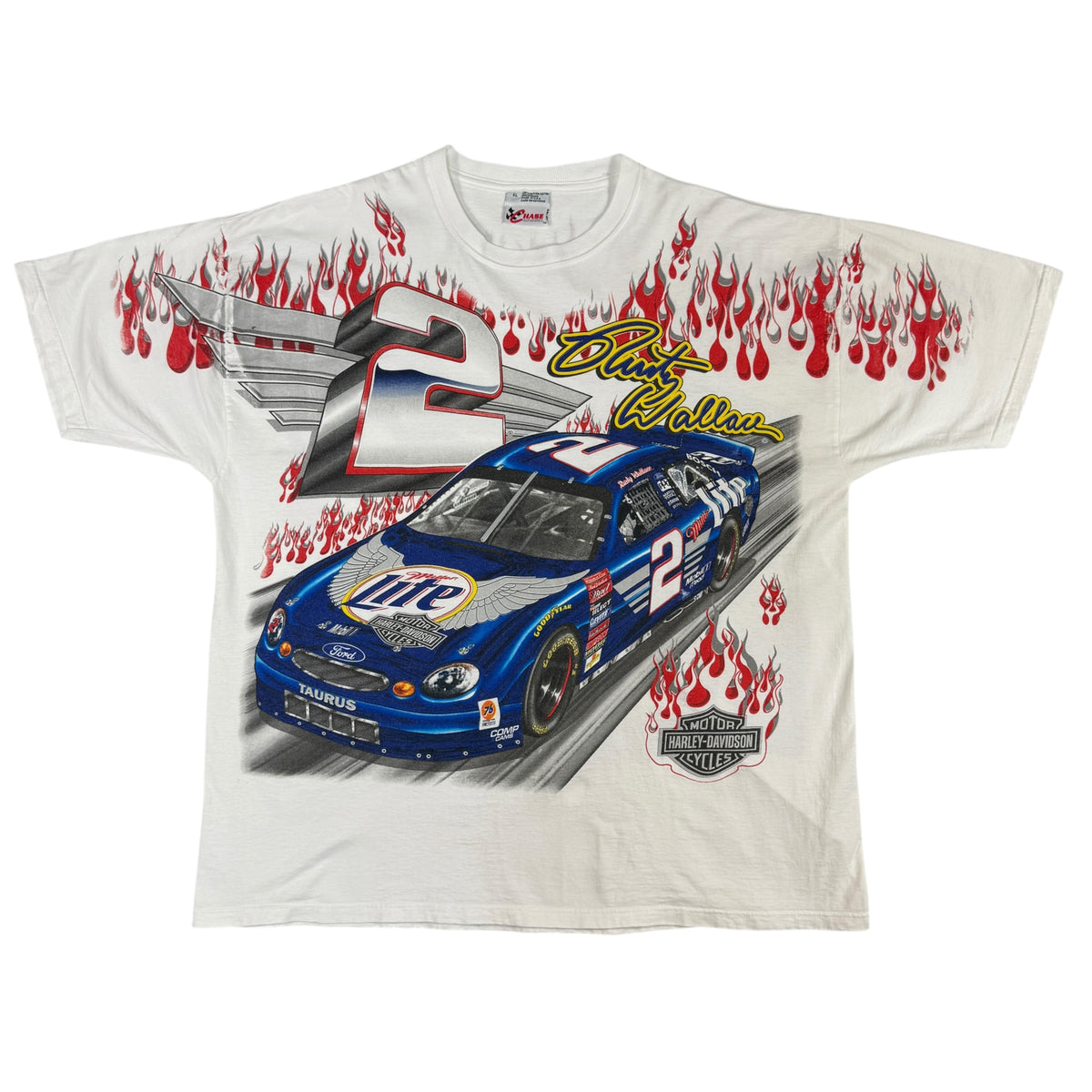 90's NASCAR Rusty Wallace #2 Miller Lite/Harley-Davidson 総柄Tシャツ XL 正面全体