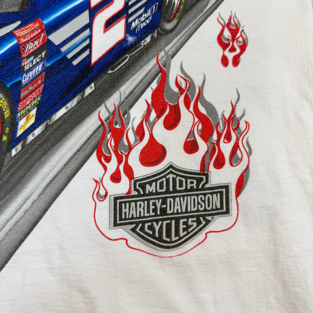 90's NASCAR Rusty Wallace #2 総柄Tシャツ Harley-Davidson バー&シールドロゴ寄り