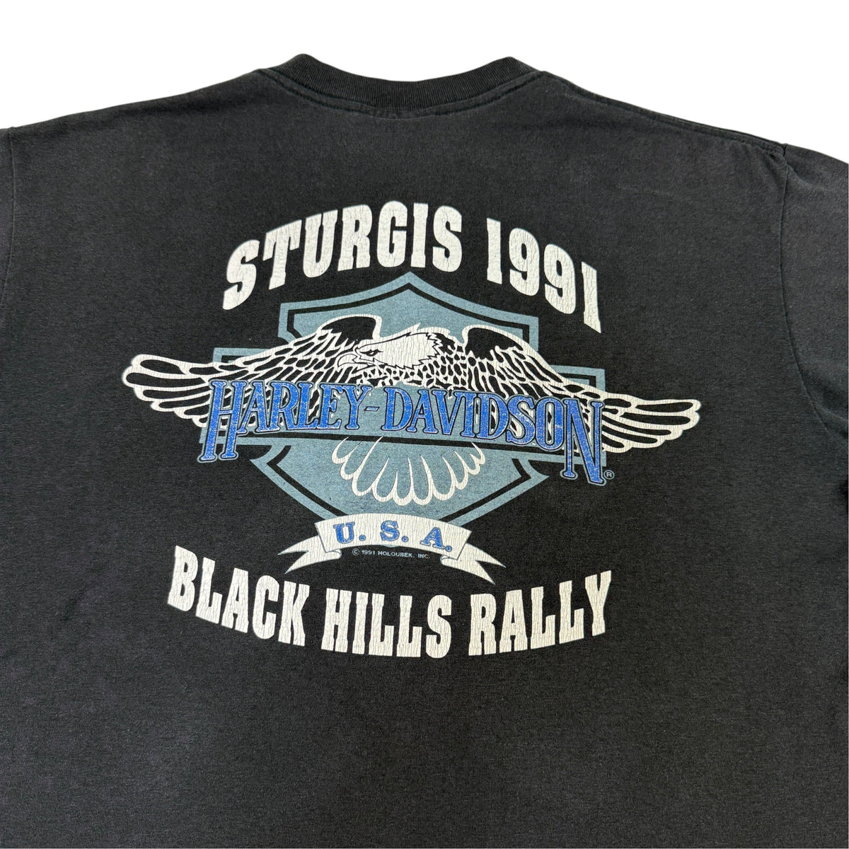 90's Harley-Davidson LEGENDS LIVE WHERE LEGENDS ROAM STURGIS 1991 ブラック Tシャツ L バックプリント引き 首リブとバックプリント全体
