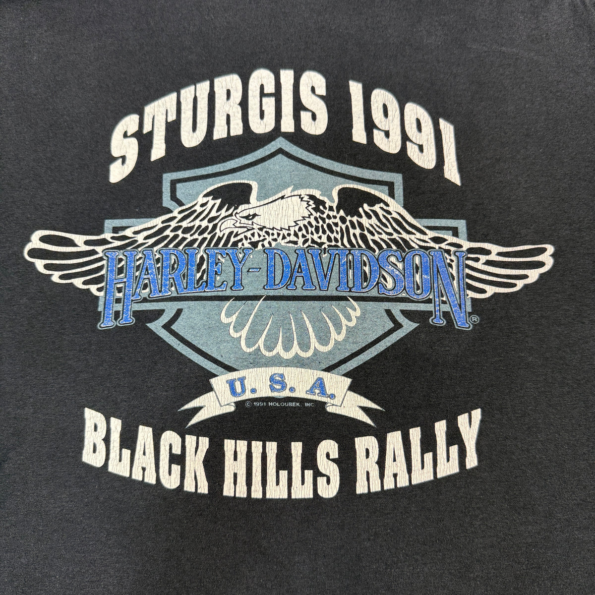 90's Harley-Davidson LEGENDS LIVE WHERE LEGENDS ROAM STURGIS 1991 ブラック Tシャツ L バックプリント寄り イーグルとBar & Shield BLACK HILLS RALLY