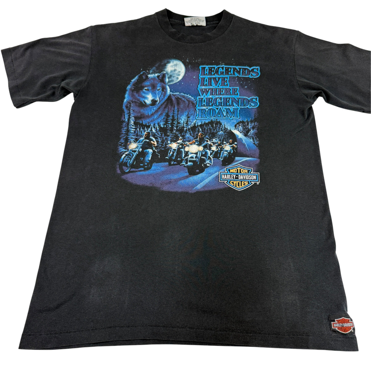 90's Harley-Davidson LEGENDS LIVE WHERE LEGENDS ROAM STURGIS 1991 ブラック Tシャツ L 正面全体 別カット 裾の織りタグ
