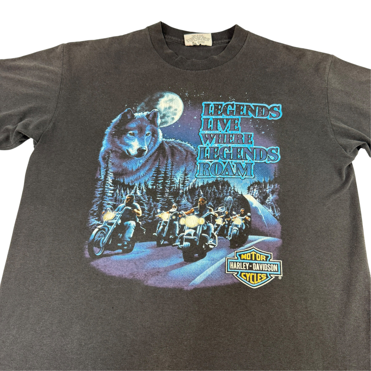 90's Harley-Davidson LEGENDS LIVE WHERE LEGENDS ROAM STURGIS 1991 ブラック Tシャツ L フロントプリント引き 狼と満月と夜道のバイカー