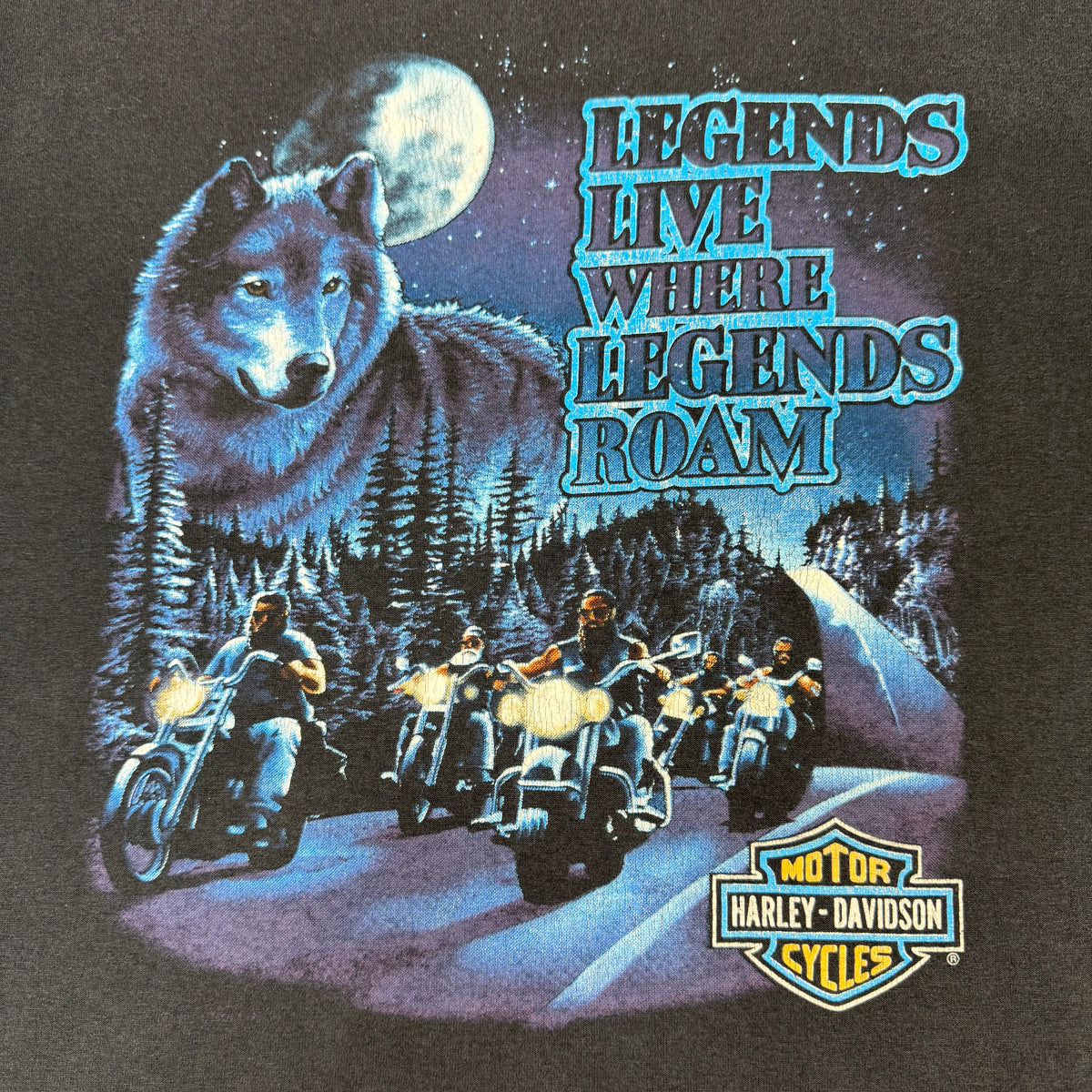 90's Harley-Davidson LEGENDS LIVE WHERE LEGENDS ROAM STURGIS 1991 ブラック Tシャツ L フロントプリント全体寄り 狼 満月 バイカー MOTOR HARLEY-DAVIDSON CYCLES ロゴ