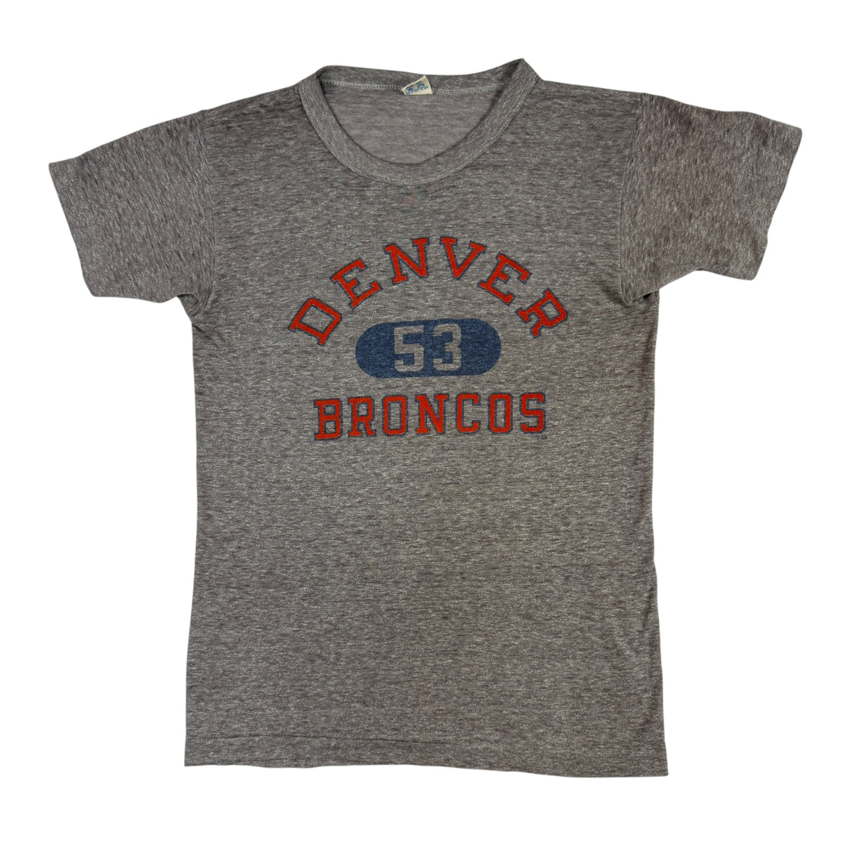 80's Champion DENVER BRONCOS 53 染み込みプリント ヴィンテージTシャツ M 正面全体