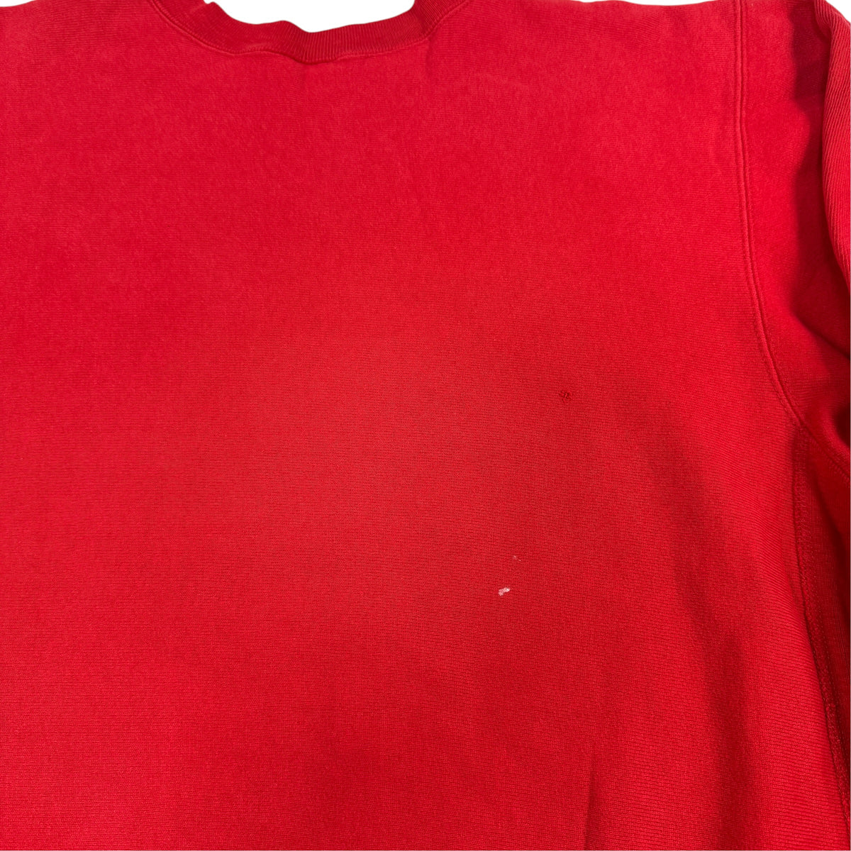Champion リバースウィーブ RUTGERS レッド 背面上部の汚れ跡と穴（ダメージ）
