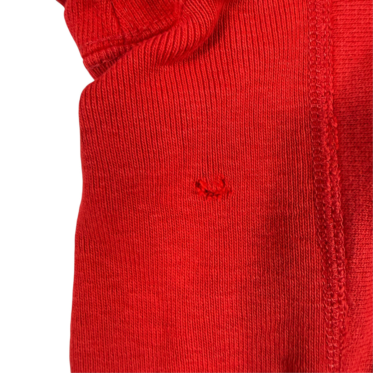 Champion リバースウィーブ RUTGERS 脇下のリブガゼットの穴（拡大・ダメージ）