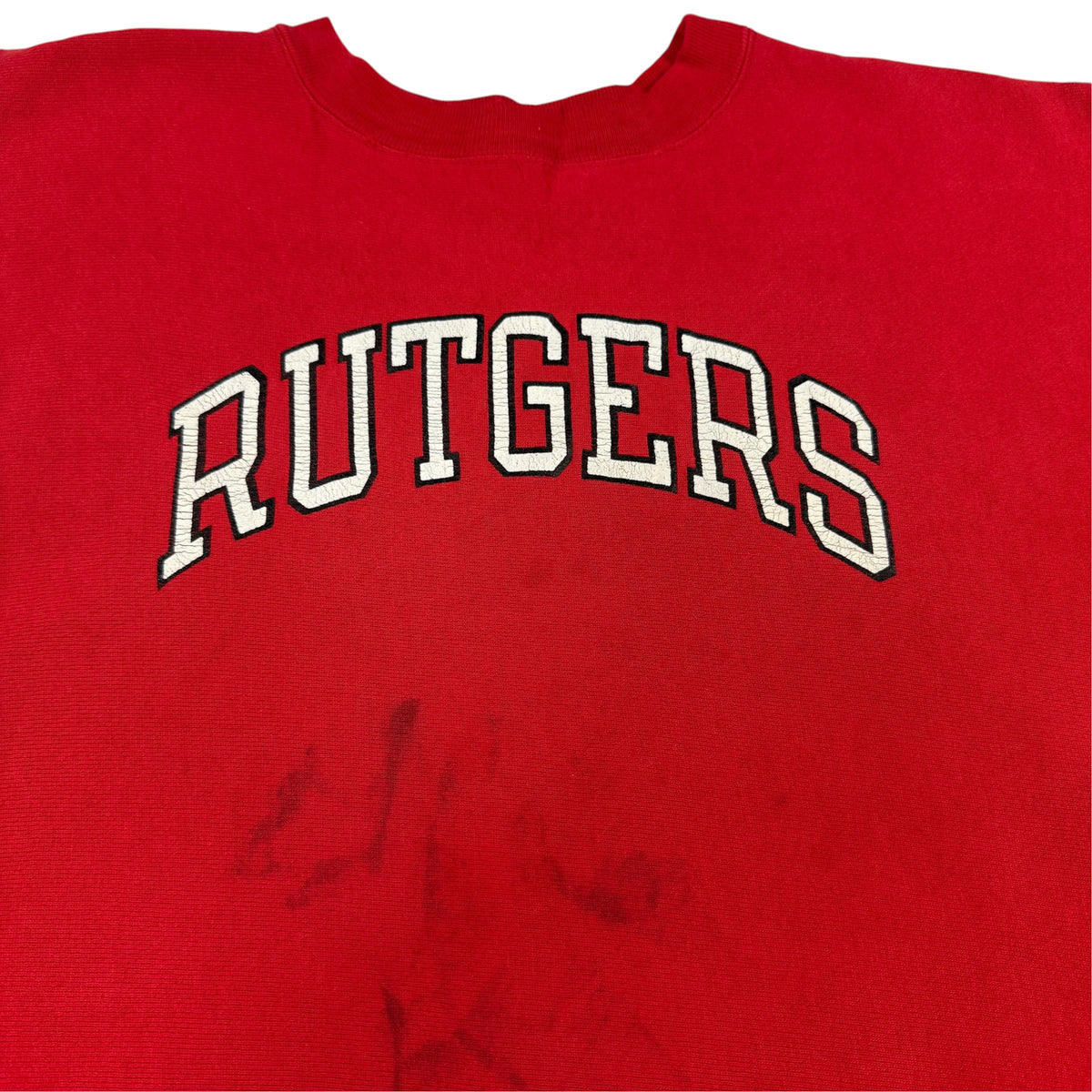 Champion リバースウィーブ RUTGERS アーチプリントとその下のシミ
