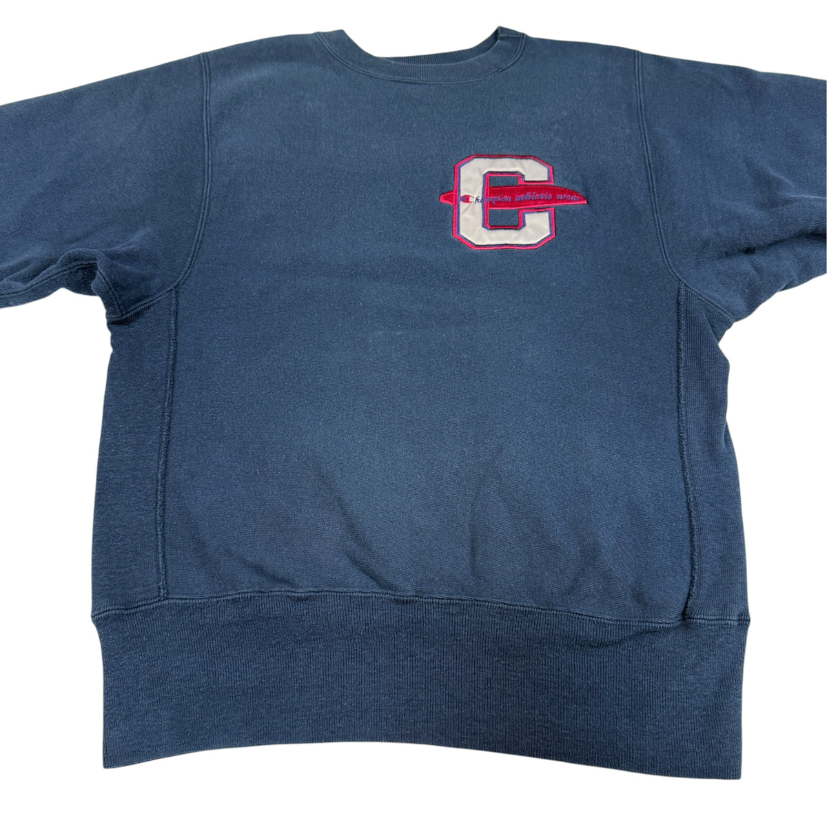 90's Champion リバースウィーブ Cエンブレム刺繍 ネイビー スウェット M 正面 上半身引き