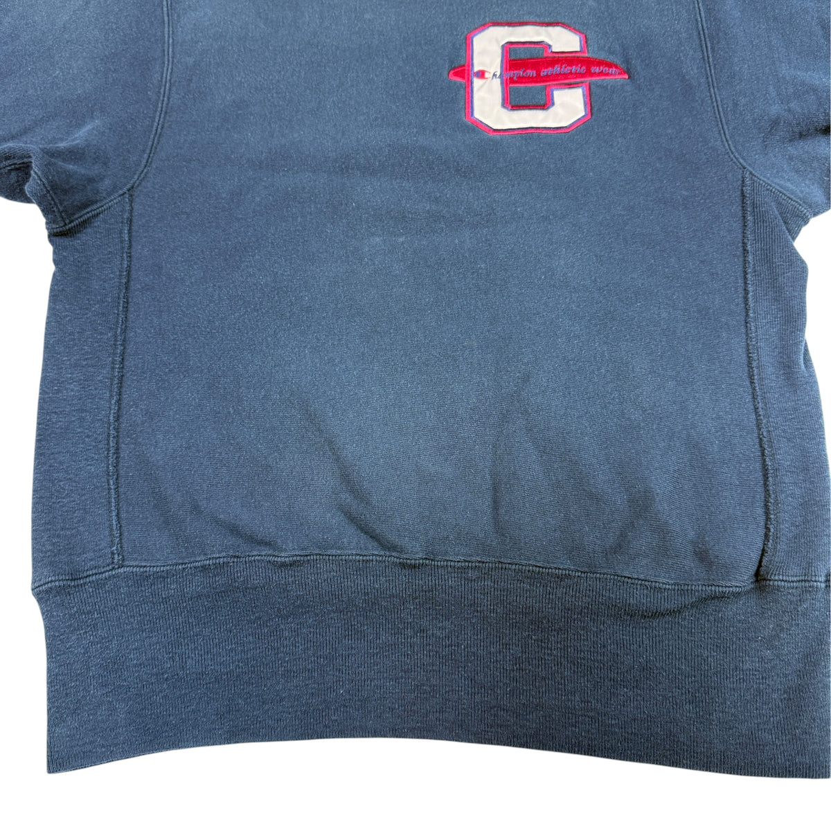 90's Champion リバースウィーブ Cエンブレム刺繍 ネイビー スウェット M 背面 裾リブ寄り
