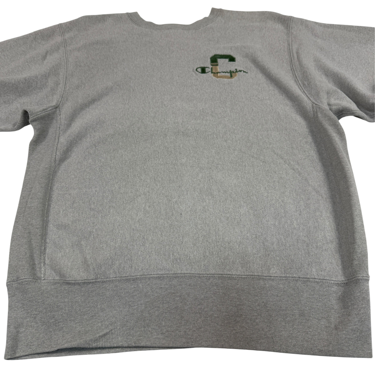 90's Champion リバースウィーブ C×スクリプトロゴ刺繍 グレー スウェット L 正面 上半身引き