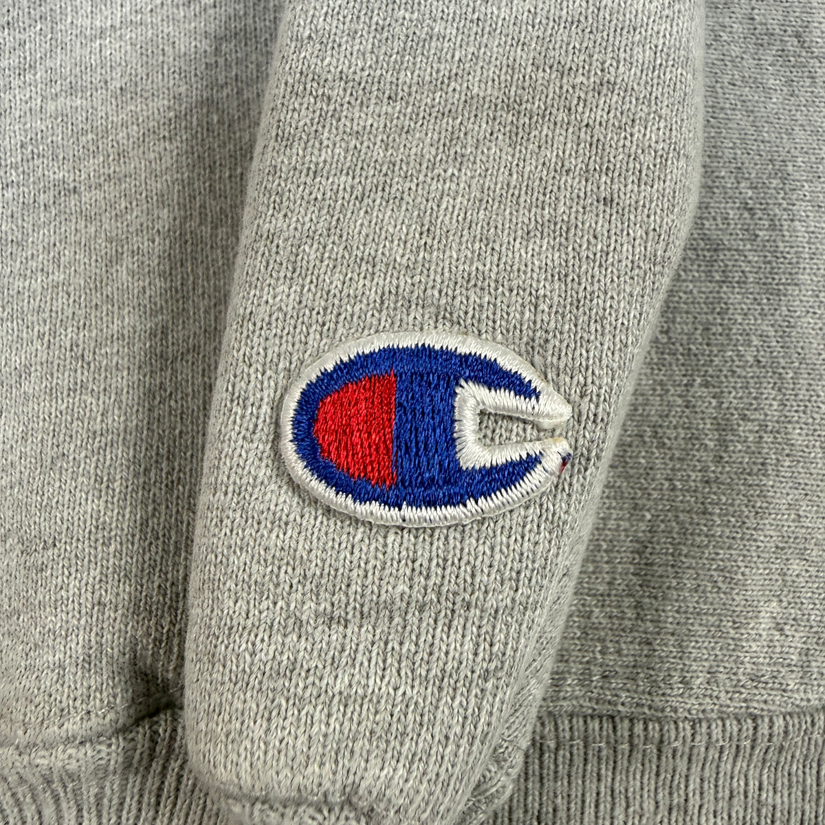 90's Champion リバースウィーブ C×スクリプトロゴ刺繍 グレー スウェット L 左袖 Cロゴ刺繍寄り