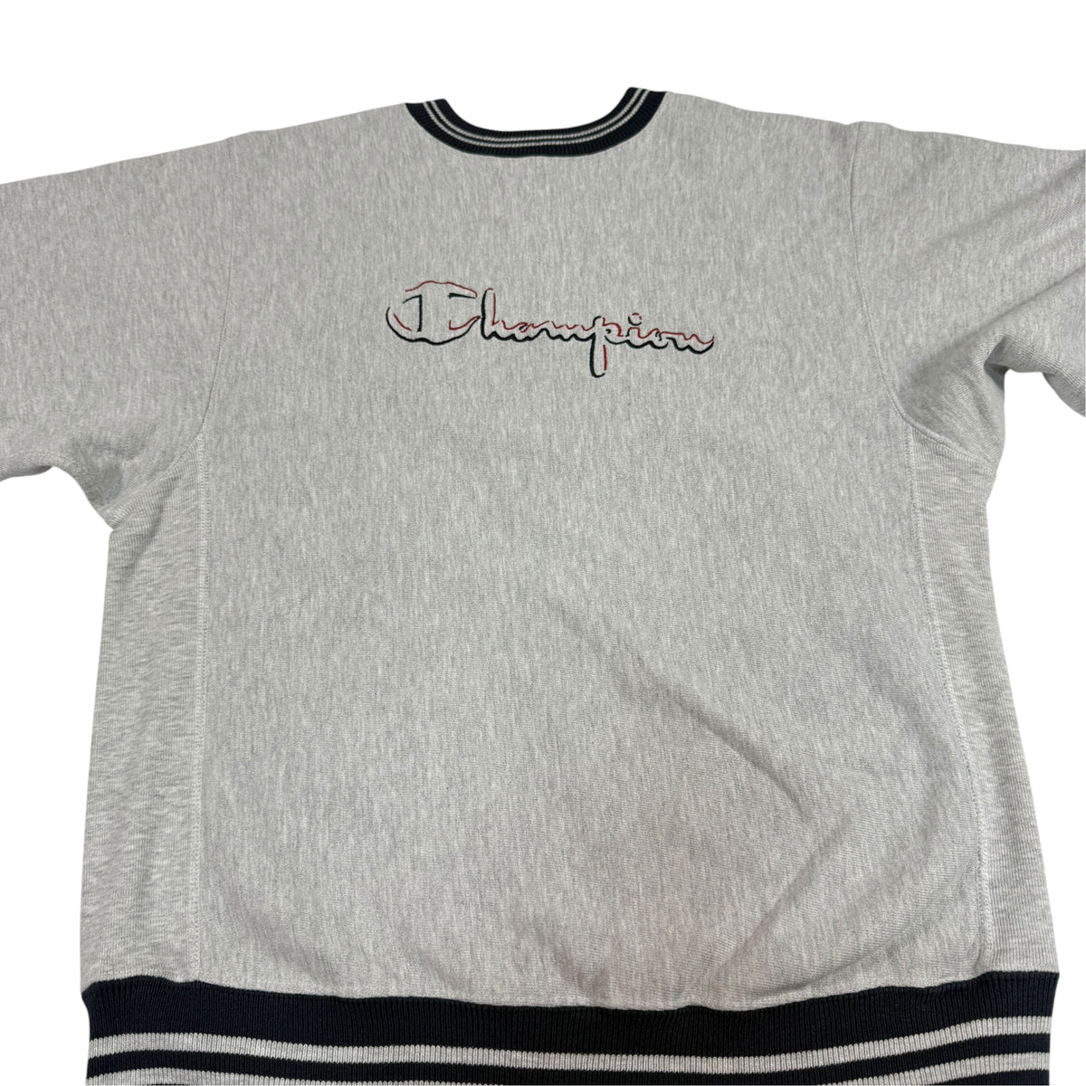 90's Champion リバースウィーブ Championスクリプトロゴ刺繍 グレー スウェット L 正面 上半身引き