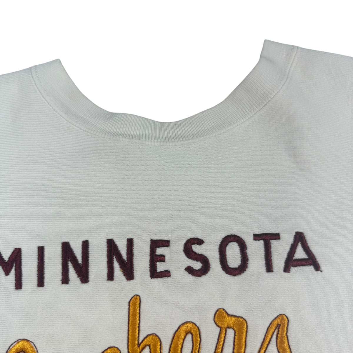 80's Champion リバースウィーブ MINNESOTA Gophers 刺繍 ホワイト スウェット L 胸 MINNESOTA マルーン刺繍 寄り