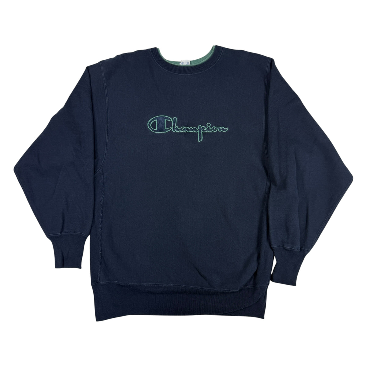 90's Champion リバースウィーブ スクリプトロゴ アップリケ刺繍 ネイビー スウェット XL 正面全体