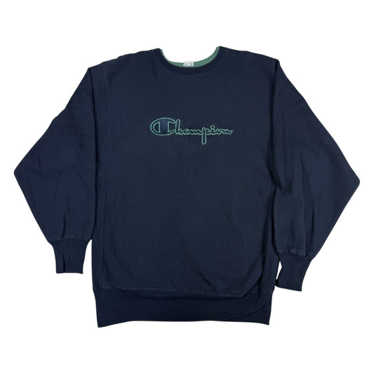90's Champion リバースウィーブ スクリプトロゴ アップリケ刺繍 ネイビー スウェット XL 正面全体