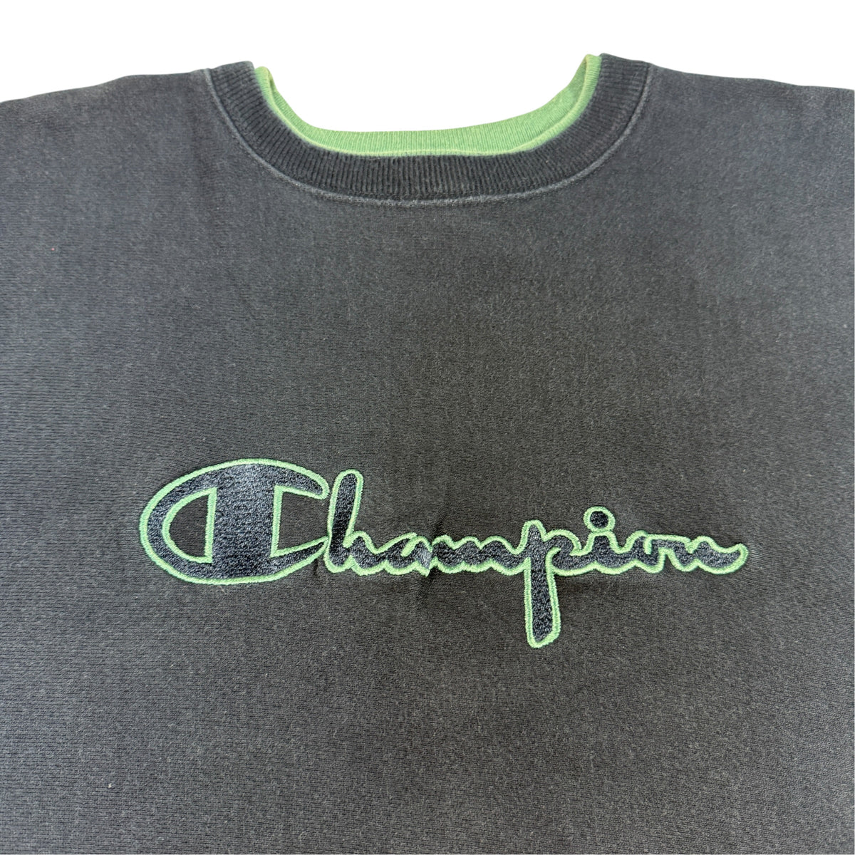 90's Champion リバースウィーブ スクリプトロゴ アップリケ刺繍 ネイビー スウェット XL 胸 Championスクリプトロゴ アップリケ寄り