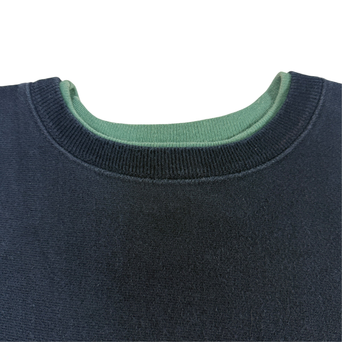 90's Champion リバースウィーブ スクリプトロゴ アップリケ刺繍 ネイビー スウェット XL 首リブ グリーンライン 背面