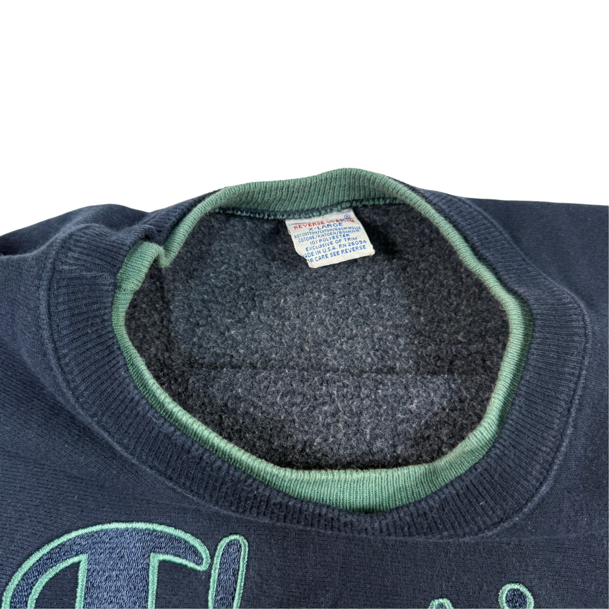 90's Champion リバースウィーブ スクリプトロゴ アップリケ刺繍 ネイビー スウェット XL 首元タグ引き