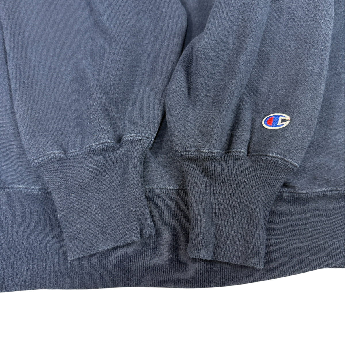 90's Champion リバースウィーブ スクリプトロゴ アップリケ刺繍 ネイビー スウェット XL 左袖 Cロゴ刺繍と袖口リブ