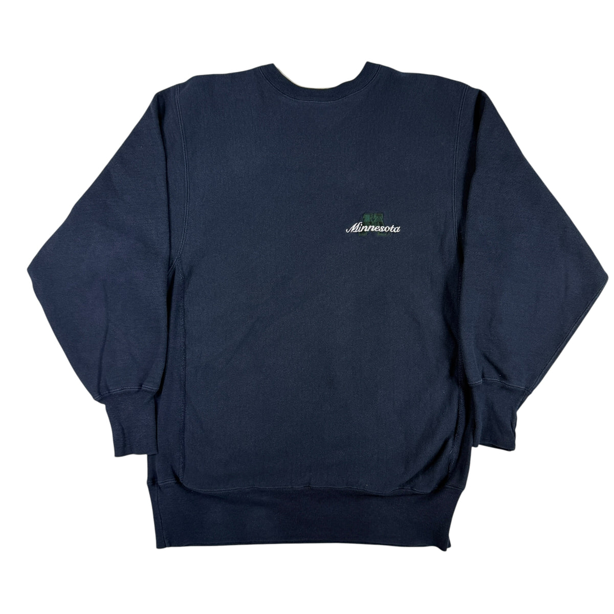 90's Champion リバースウィーブ Minnesota ブロックM チェック地アップリケ ネイビー スウェット XL 正面全体