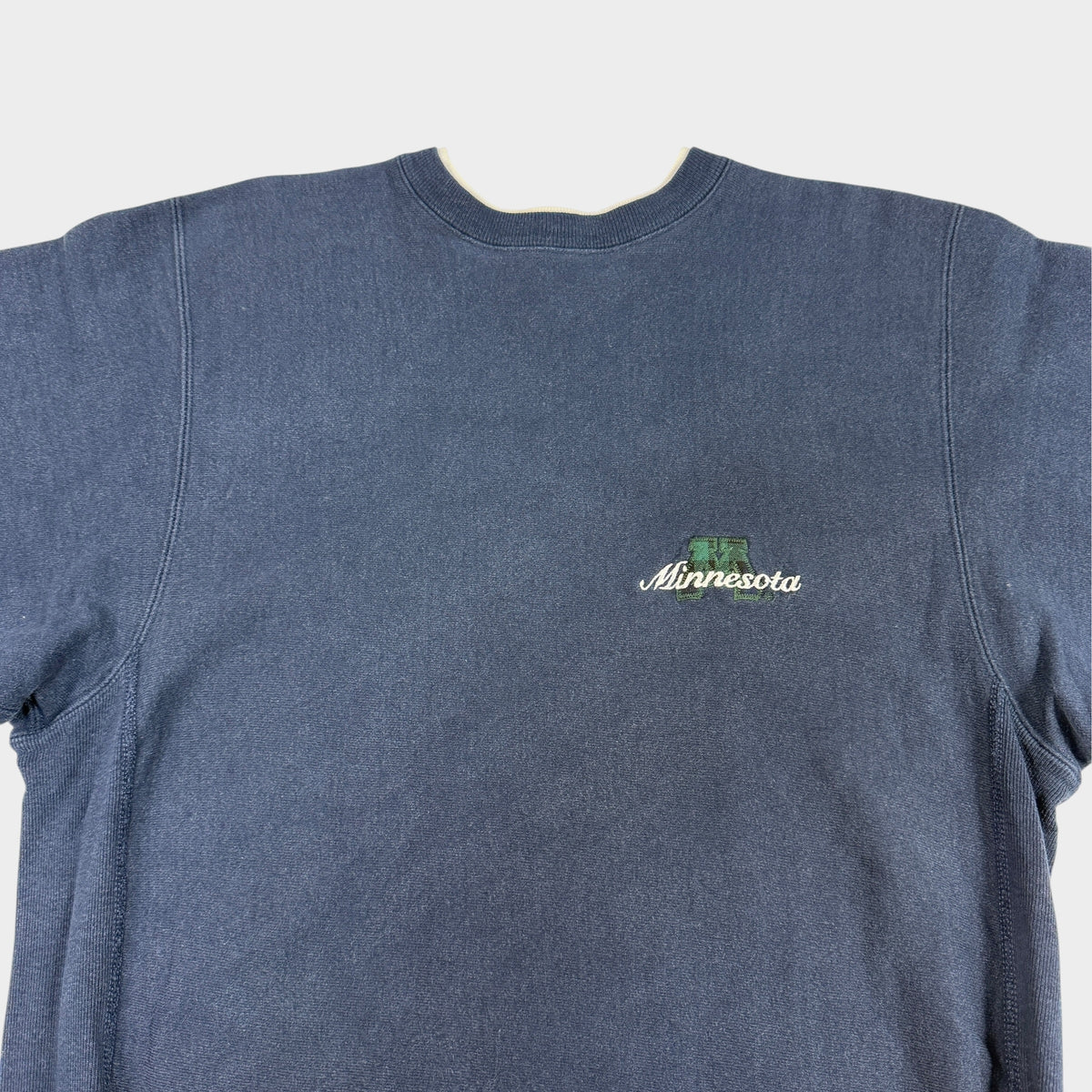 90's Champion リバースウィーブ Minnesota ブロックM チェック地アップリケ ネイビー スウェット XL 正面 上半身引き