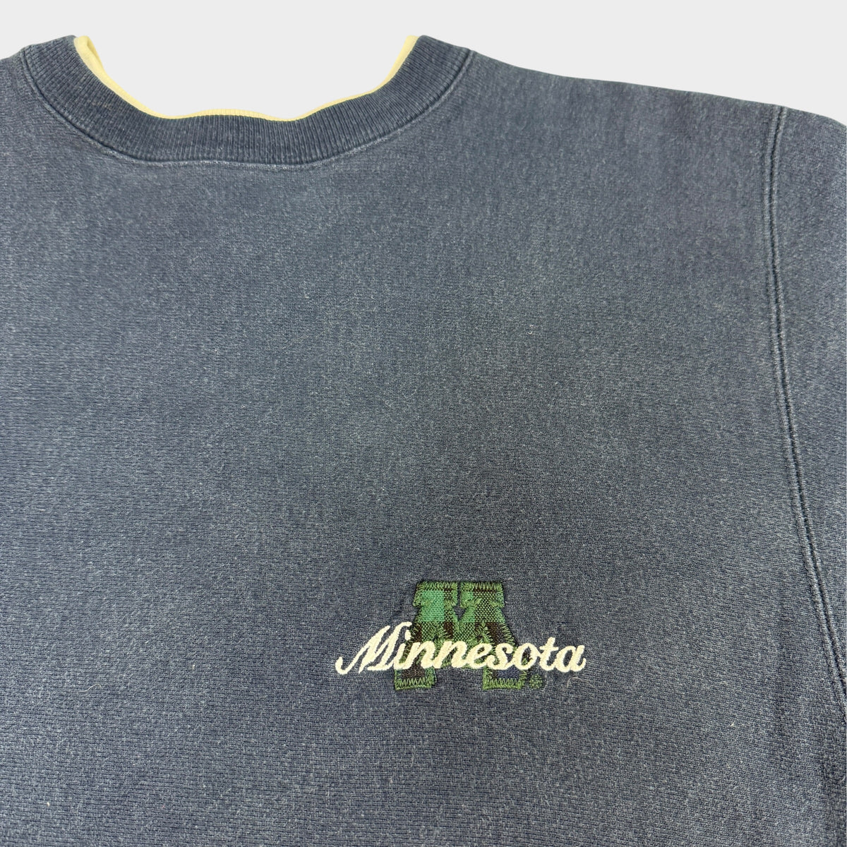 90's Champion リバースウィーブ Minnesota ブロックM チェック地アップリケ ネイビー スウェット XL 胸刺繍とクリーム色の首リブ