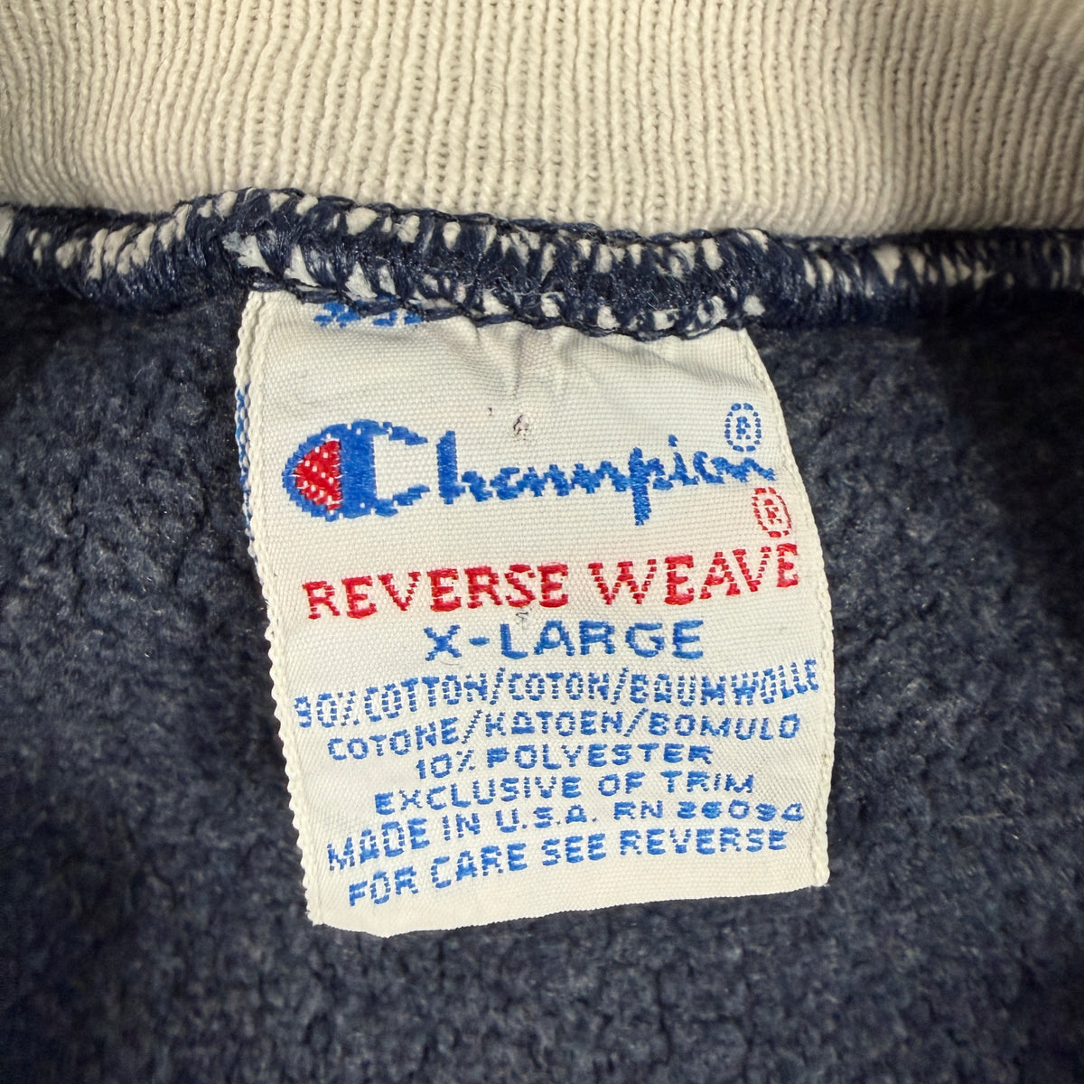 90's Champion リバースウィーブ Minnesota ブロックM チェック地アップリケ ネイビー スウェット XL 刺繍タグ X-LARGE MADE IN U.S.A. RN 26094 寄り