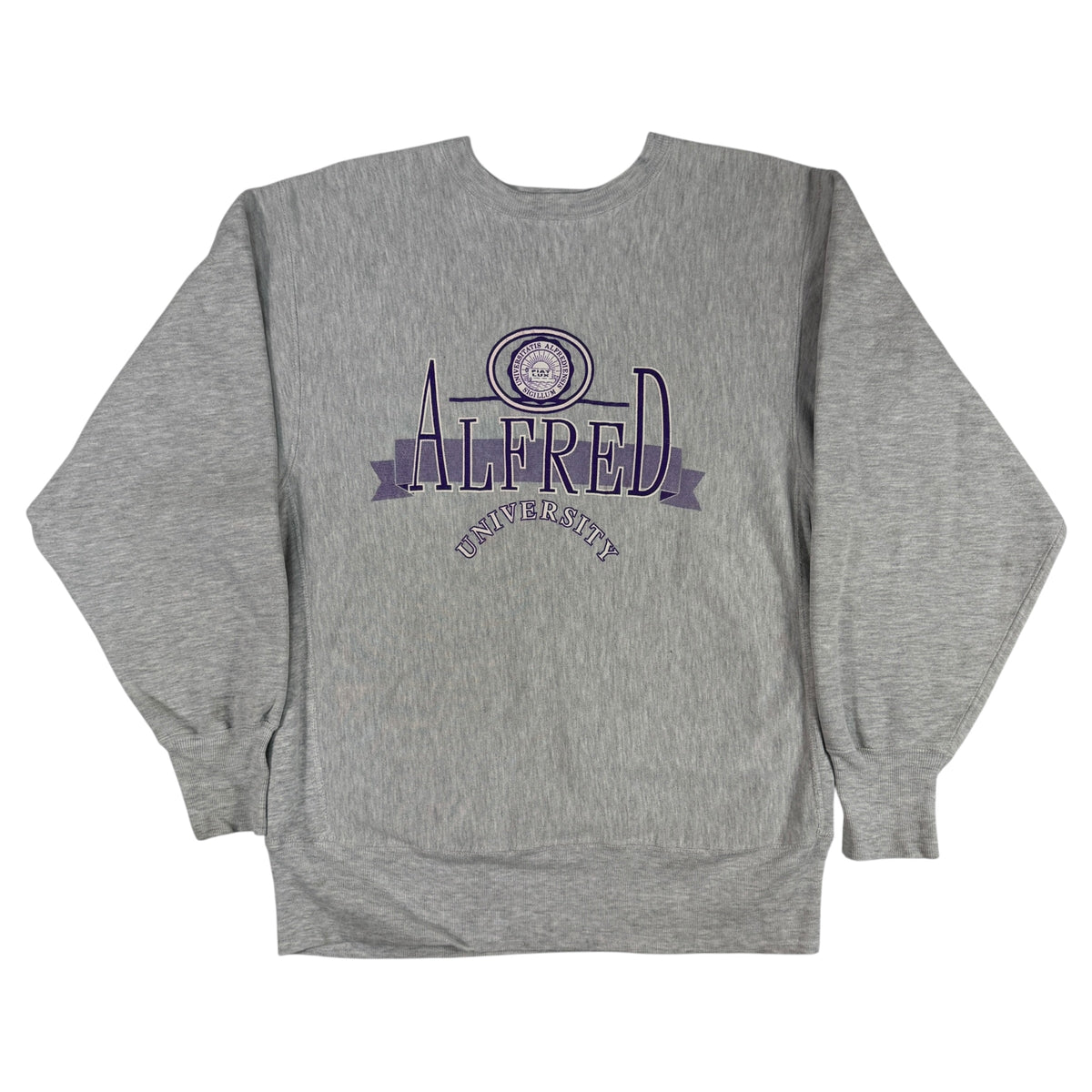 90's Champion リバースウィーブ ALFRED UNIVERSITY 校章プリント グレー スウェット L 正面全体