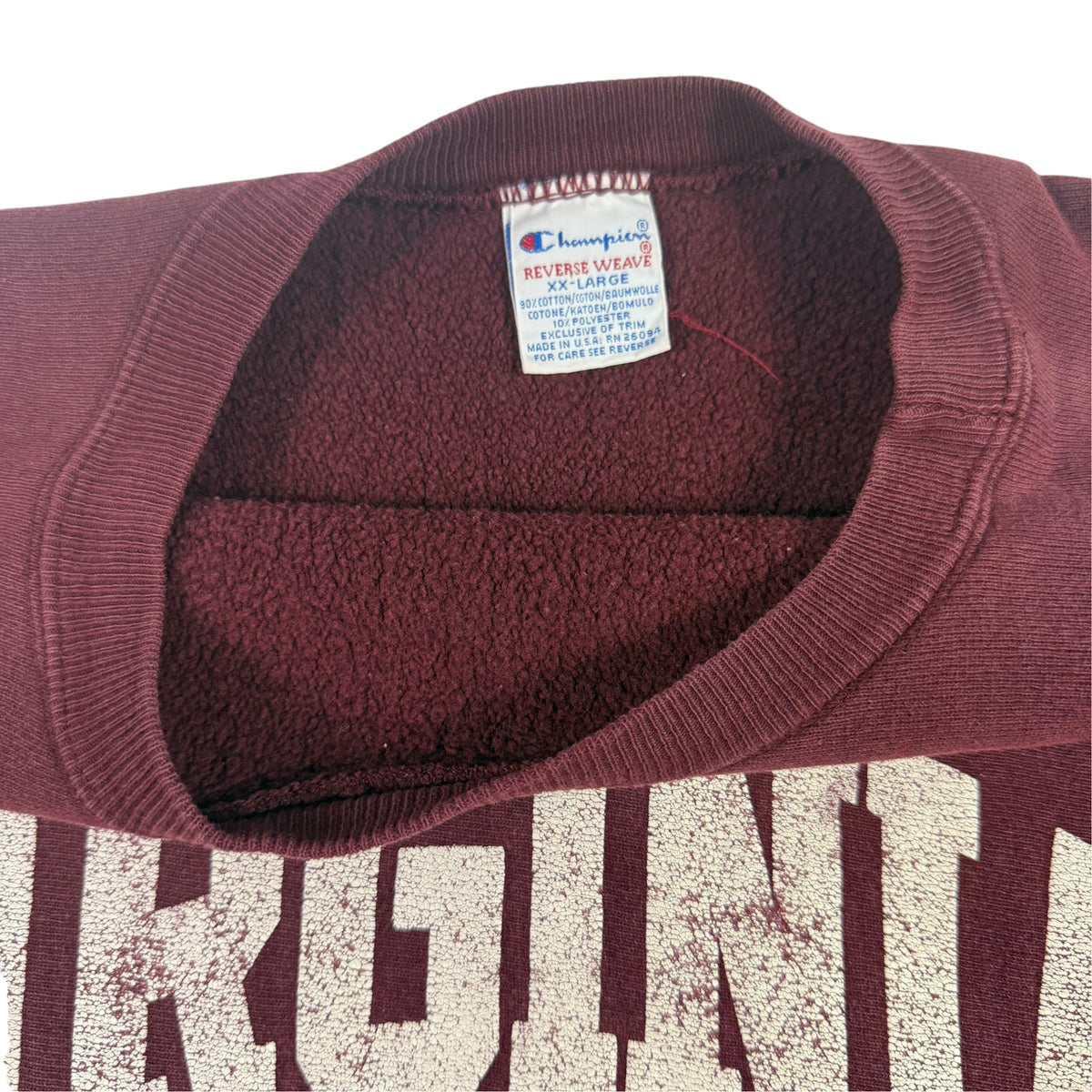 90's Champion リバースウィーブ VIRGINIA TECH マルーン スウェット XXL 首元内側とタグ引き